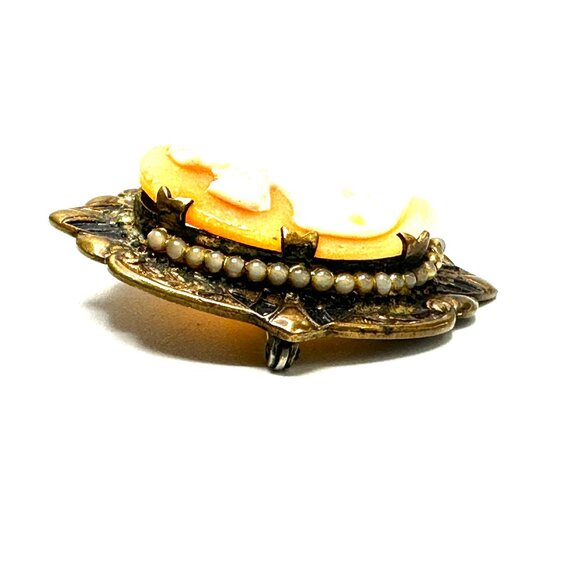 Hand-Carved Edwardian Shell Cameo Brooch—Ornate Brass Filigree & Seed Pearl Pin - Picture 14 of 15
